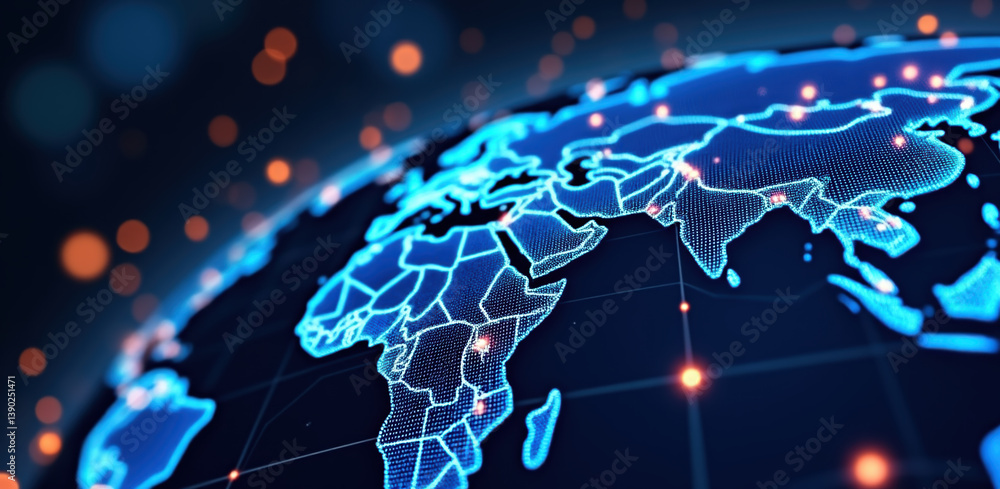 digital representation of globe highlighting regions with focus on payments and security in logistics, interconnected networks