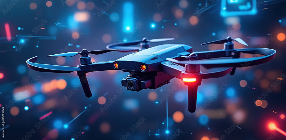 sleek digital drone showcases advanced technology in vibrant environment, emphasizing security and logistics in modern payments