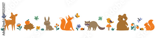 Seamless border of cute cartoon woodland animals isolated on white background. Vector clip art of forest wildlife animals.