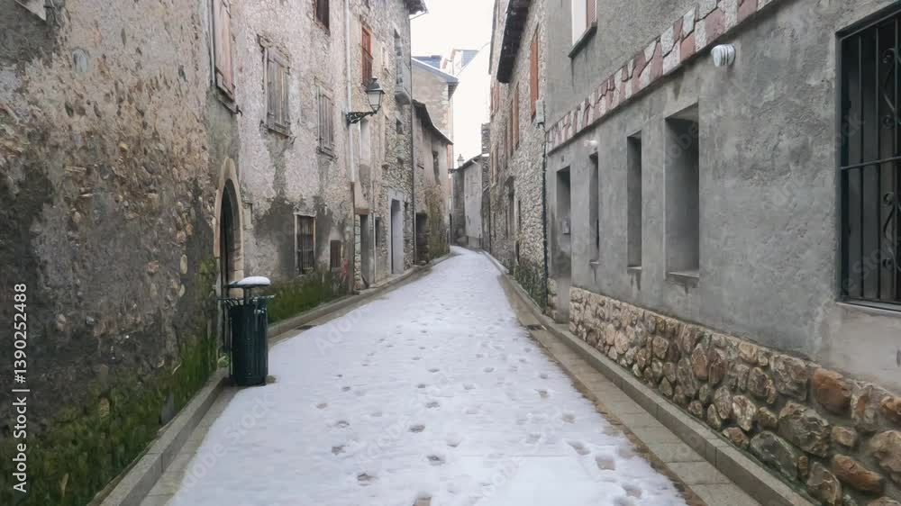 Falling snowflakes against the backdrop of houses in an old European town of Benasque in the Spanish Pyrenees Falling snowflakes against the backdrop of houses in an old European town of Benasque in the Spanish Pyrenees