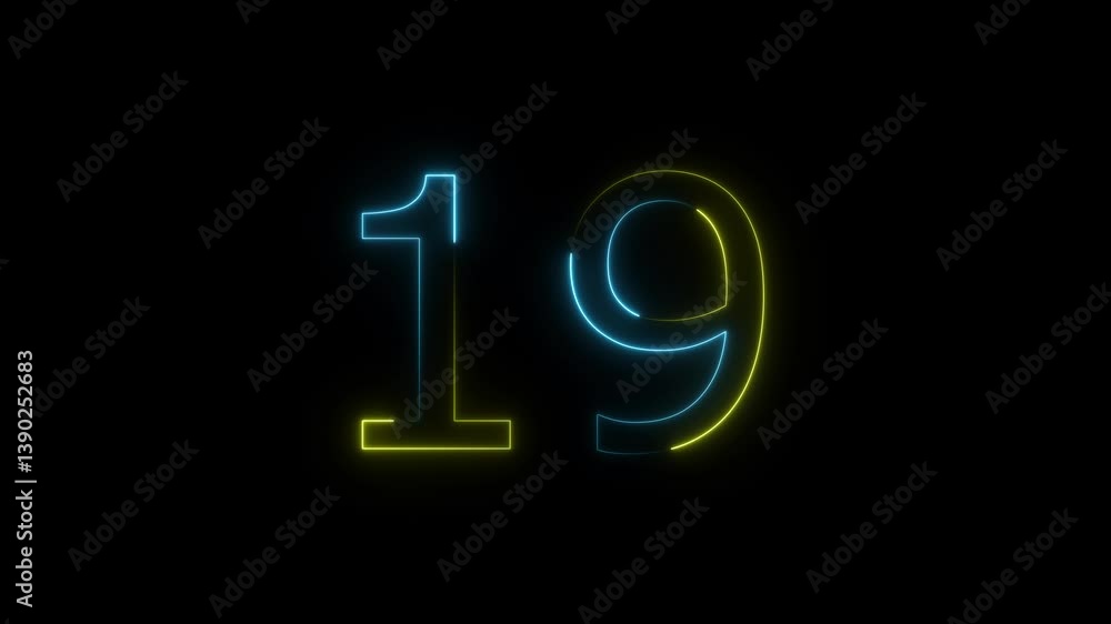 The striking neon 19 text icon animation glowing letters with dynamic color transitions. Energetic effect in neon glow on black background. HD 4k motion video concept light style. The striking neon 19 text icon animation glowing letters with dynamic color transitions. Energetic effect in neon glow on black background. HD 4k motion video concept light style.