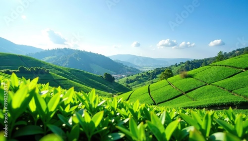 Lush green tea plantation with rolling hills and clear blue sky, tea,  nature