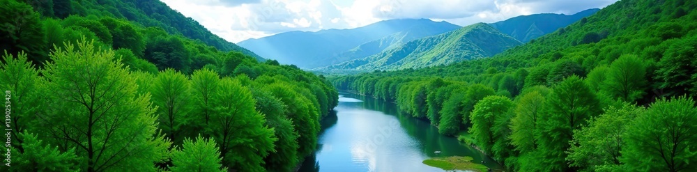Fototapeta premium Lush forests, serene rivers, and rolling hills in the picturesque Ashio area of Japan, serene, lush