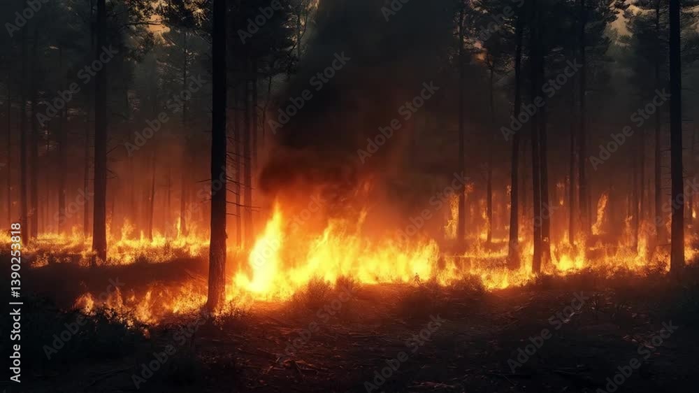 Rapid Wildfire Spreading Across Dense Forest With Smoky Atmosphere Rapid Wildfire Spreading Across Dense Forest With Smoky Atmosphere