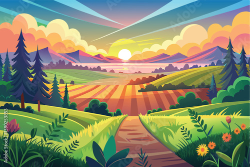 A digital illustration depicting a peaceful scene with a winding path through a lush green valley, framed by a vibrant sunset over rolling hills and a calm lake.