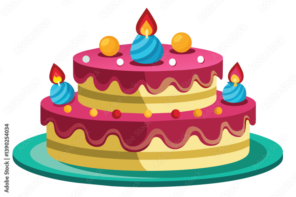 A festive two-tier birthday cake with lit candles and colorful sprinkles, sitting on a teal plate. A festive two-tier birthday cake with lit candles and colorful sprinkles, sitting on a teal plate.