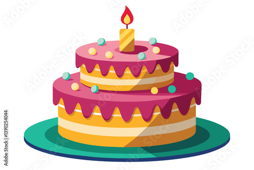 A cartoon birthday cake with pink frosting, colorful sprinkles, and a lit candle on top. Yellow cake on a teal plate with a shadow underneath.