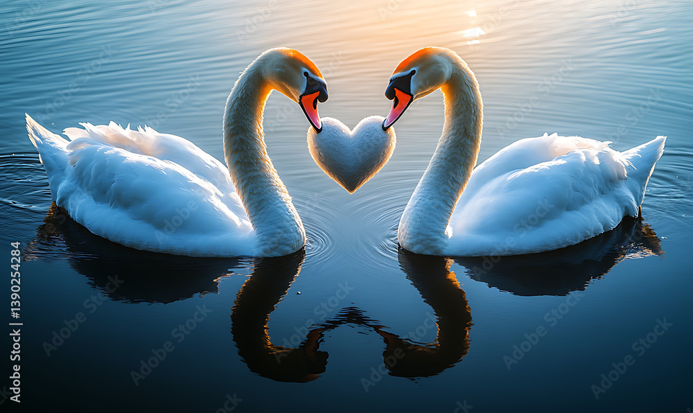 Fototapeta premium Two Swans Forming Heart Shape on Calm Water at Sunset