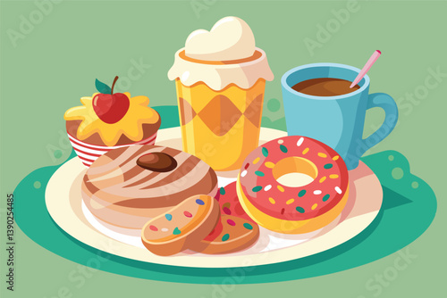 Illustration of sweet treats on a white plate: glazed donut, pink frosting donut, round pastry, cupcake with cherry, and coffee cup.