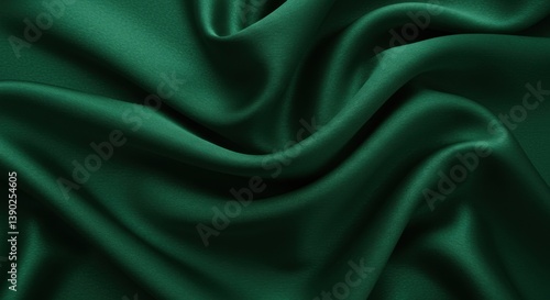 A close-up shot shows folds and ripples in a luxurious, dark green satin fabric
