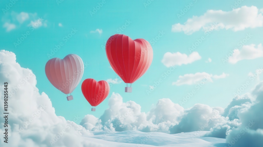 Fototapeta premium Heart-shaped hot air balloons floating in a blue sky with fluffy clouds