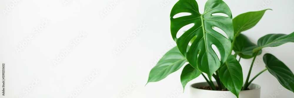 Fototapeta premium Lush monstera plant with glossy leaves in modern planter on white background, emphasizing organic shapes and textures, indoor, shapes