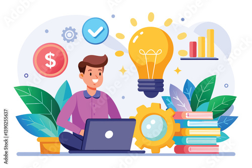 A man works on a laptop on the floor, symbols of success overhead. He is focused on his project, envisioning growth and new ideas.