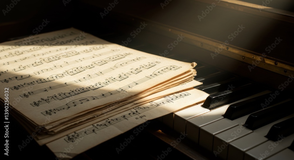 Fototapeta premium A stack of aged sheet music rests on the keys of a piano, partially illuminated by sunlight