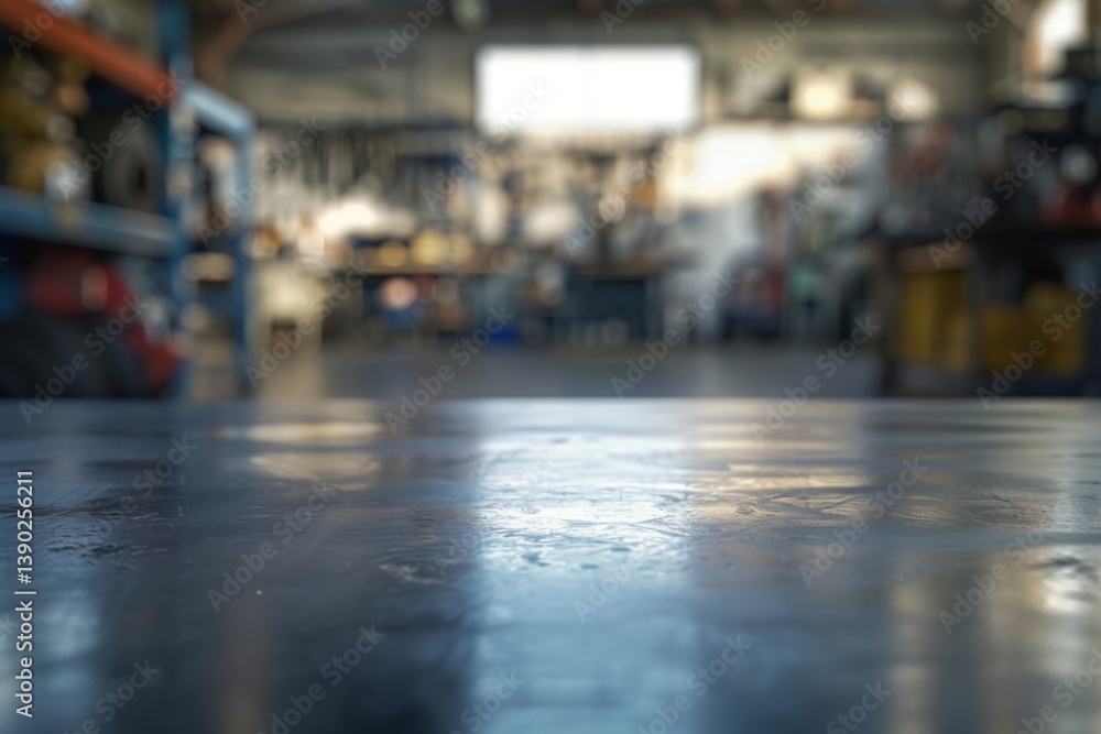 Obraz premium metal blank tabletop with blurred automotive tools and parts in the background suitable for promoting automotive products