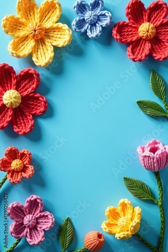 Multicolored knitted flowers banner on blue background for spring event decor or knitting project,  blue background,  copy space
