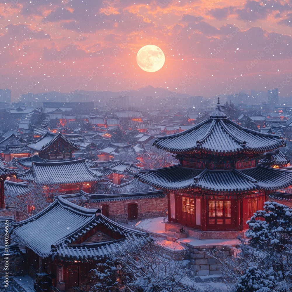 Fototapeta premium Winter's Embrace: A Snowy Korean Village Illuminated by the Gentle Moonlight