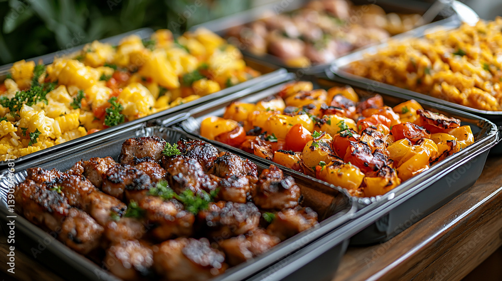 Buffet Food Platters on Wooden Table Buffet Food Platters on Wooden Table