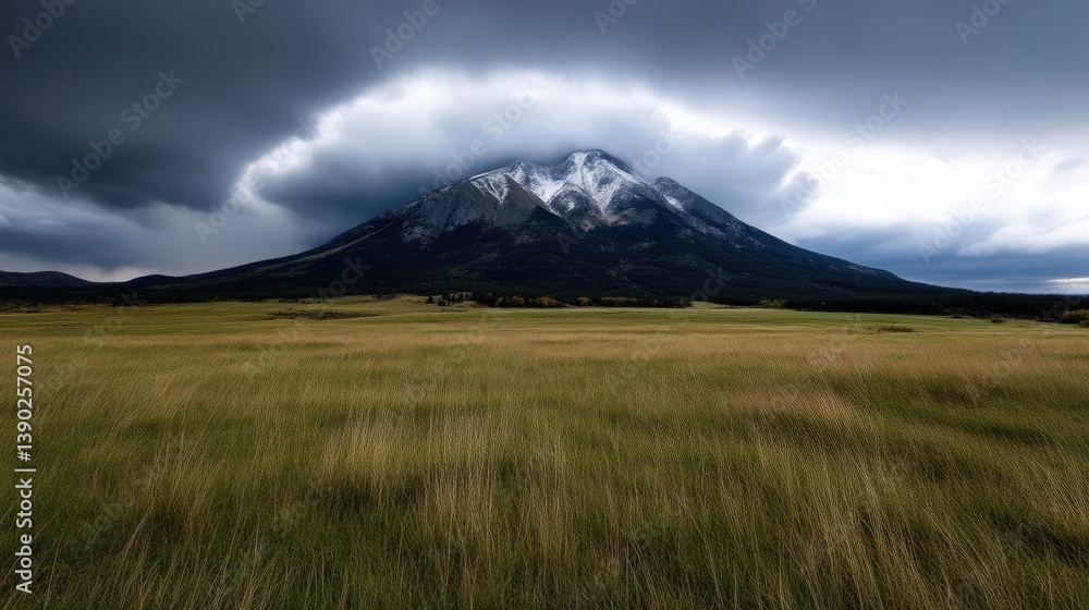 Majestic mountain peak, dramatic sky, vast grassland. A majestic mountain peak rises above a vast grassland, framed by a dramatic sky filled with dark storm clouds and a glimmer of light. Majestic mountain peak, dramatic sky, vast grassland. A majestic mountain peak rises above a vast grassland, framed by a dramatic sky filled with dark storm clouds and a glimmer of light.
