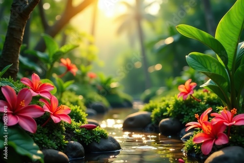 lush tropical garden with vibrant exotic flowers and plants thriving in the warm sunshine,  plants,  lush