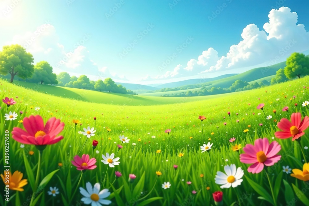 Fototapeta premium Lush green field with colorful flowers under a summer sky, sunny, landscape