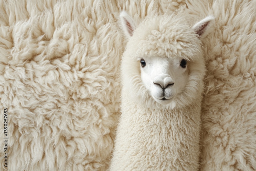 Obraz premium Close-up of a fluffy white alpaca relaxing on a luxurious wool surface