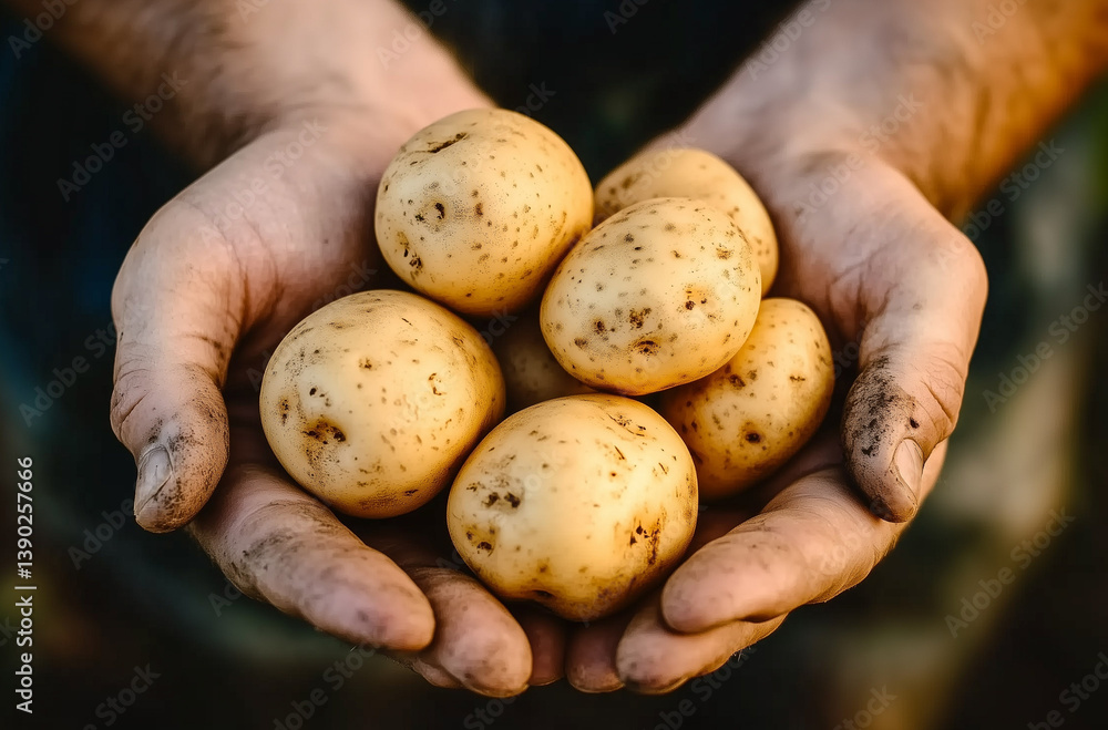 Farmer holding fresh potatoes in hands at farm, agricultural product photography, illustration Farmer holding fresh potatoes in hands at farm, agricultural product photography, illustration