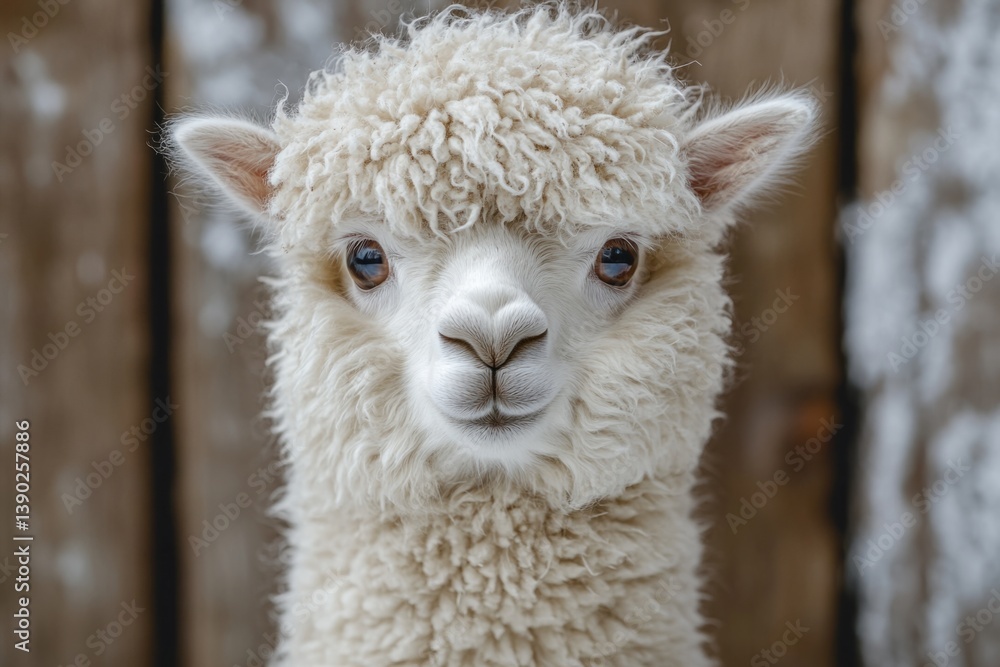Fototapeta premium White alpaca with thick wooly fur posing in front of wooden fence