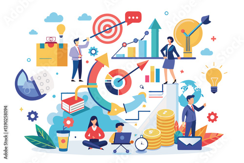 An illustration of a diverse team of professionals collaborating on goals. Highlights include planning, strategy, innovation, and financial success.