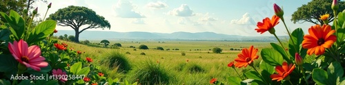 Lush tropical vegetation with vibrant blooming flowers in the Serengeti,  landscape, Tanzania