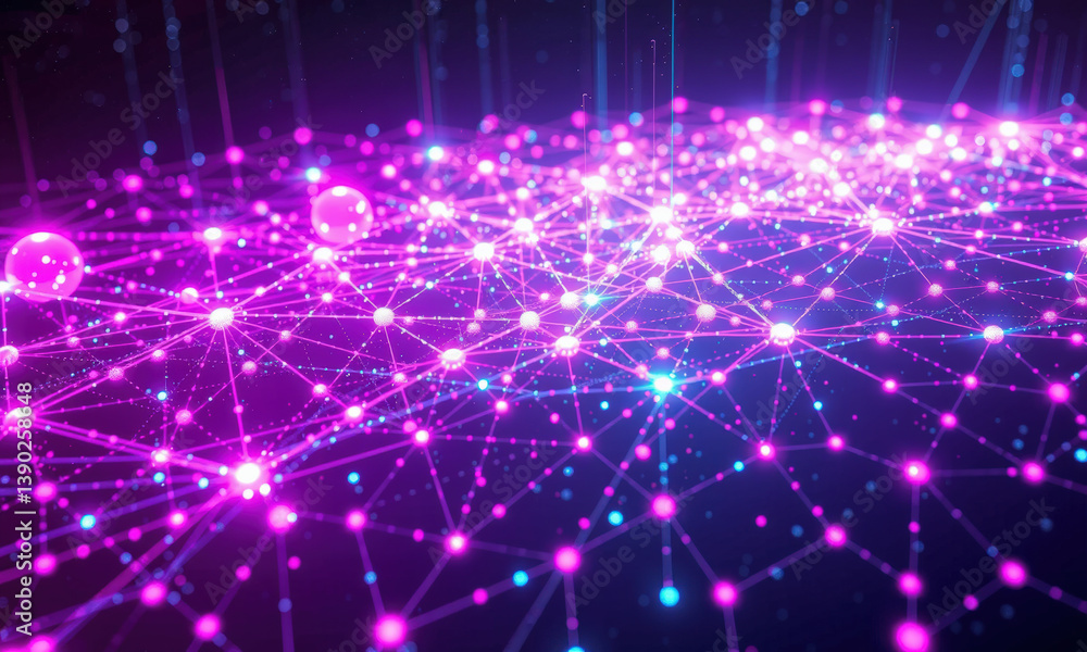 Fototapeta premium vibrant digital network visualization featuring interconnected nodes and lines in shades of pink and blue, representing data flow and quantum computing concepts