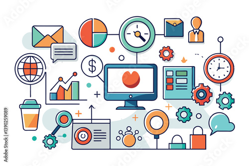A colorful illustration depicting modern business operations and processes with a desktop computer, gear icons, a clock, a pie chart, and other relevant symbols.