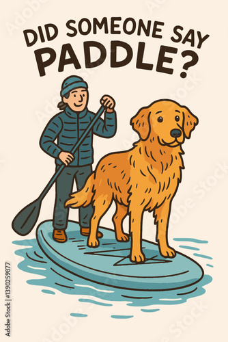 Cartoon Person Paddling with Dog on Paddleboard Adventure Illustration