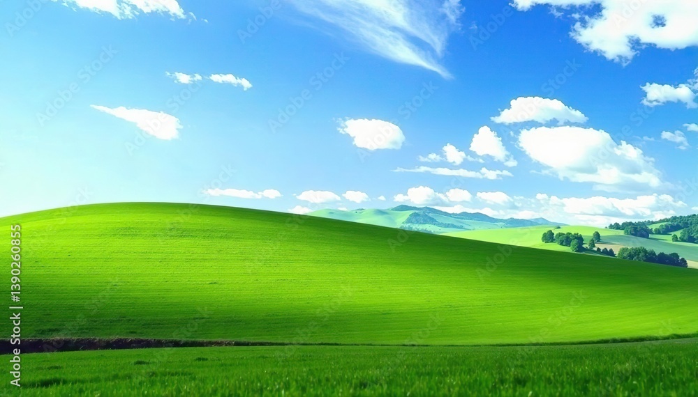 Fototapeta premium Rolling green hills under clear blue skies on a sunny summer day, nature, countryside