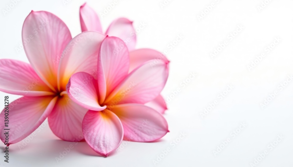 Obraz premium Pink plumeria flowers with delicate petals and yellow centers on a white background, elegant, fragrant