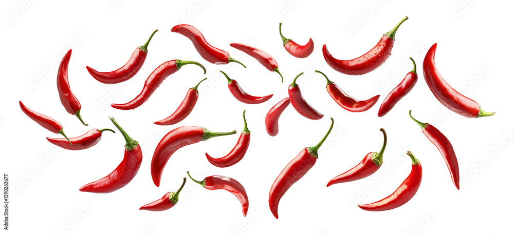 Flying or falling fresh red chili peppers on transparent PNG or white background. for hot food packages. Flying or falling fresh red chili peppers on transparent PNG or white background. for hot food packages.