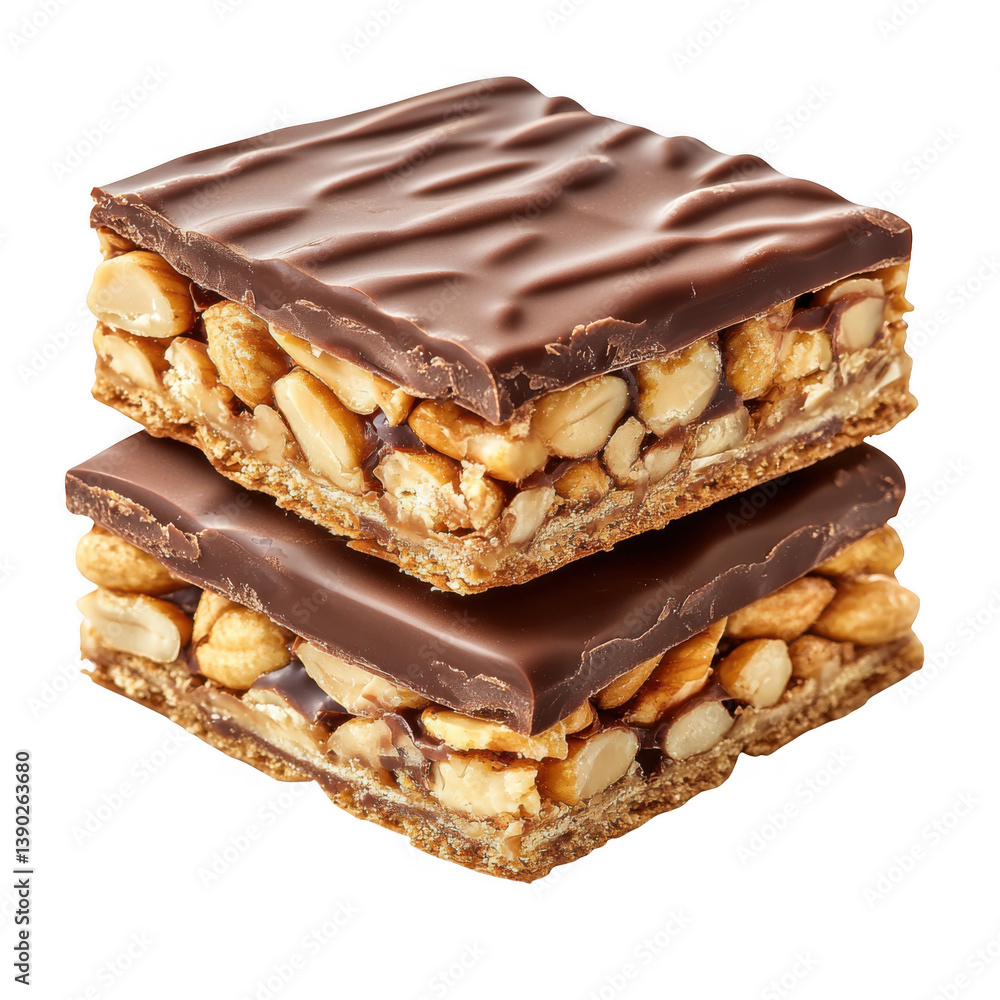 A stack of two chocolate peanut bars on a plain background close up on transparent background A stack of two chocolate peanut bars on a plain background close up on transparent background