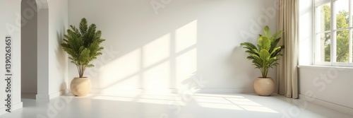 Neutral toned studio backdrop featuring white and beige wall decorations with shadows from nearby window,  wall decoration,  white