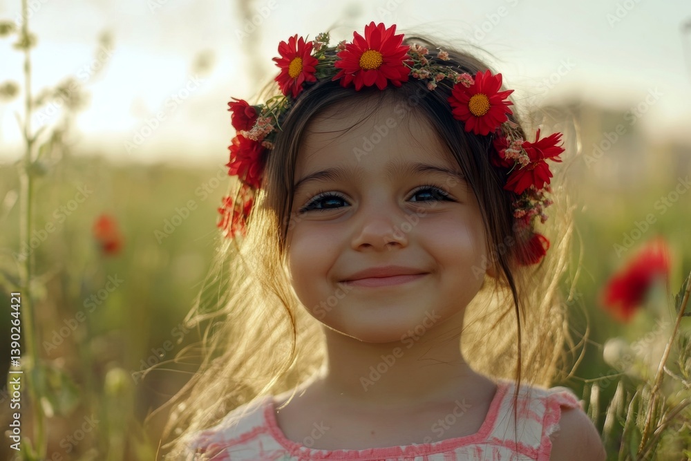Soft daylight. Happy middle eastern toddler girl wearing red flower circlet on her head. Happy warm season symbol. Playful summer vibes for girls. Holiday excitement for kids. Soft daylight. Happy middle eastern toddler girl wearing red flower circlet on her head. Happy warm season symbol. Playful summer vibes for girls. Holiday excitement for kids.