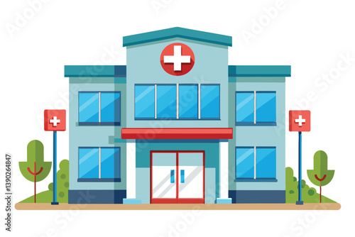 A cartoon-style illustration of a modern hospital building featuring a red cross symbol, double doors, and trees.