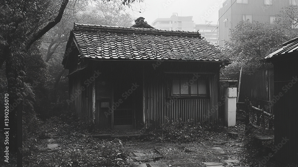 traditional Japanese house stands abandoned amidst modern surroundings traditional Japanese house stands abandoned amidst modern surroundings