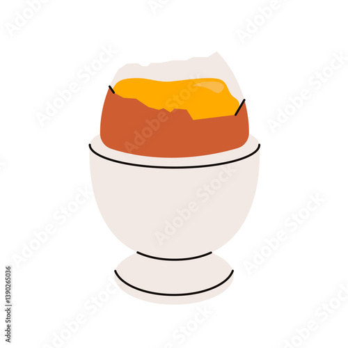 Boiled egg in eggcup. Cooked eggshell with yolk protein in cup, organic chicken eggs for healthy breakfast, protein diet food cartoon flat style. Vector illustration