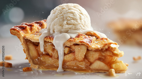 Apple pie slice topped with vanilla ice cream melting