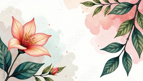 Luxurious golden line art flower and botanical leaves on watercolor background, perfect for banners, posters, web, and packaging,  organic shapes,  minimal style
