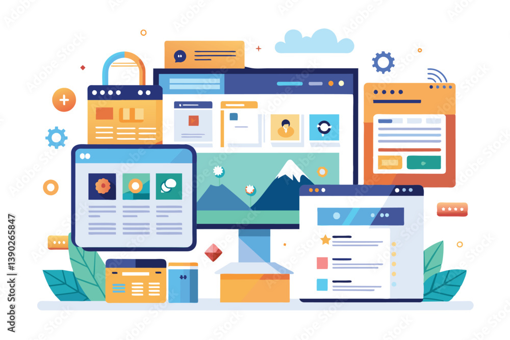 A flat design illustration depicting various website designs, showcasing different layouts, features, and functionalities. A flat design illustration depicting various website designs, showcasing different layouts, features, and functionalities.