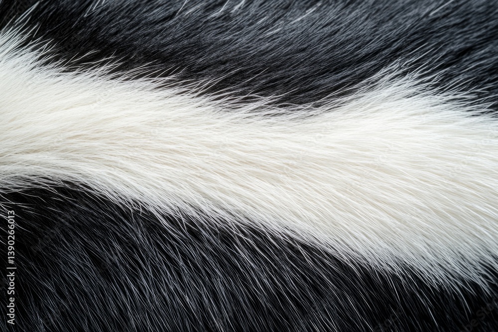 Detailed view of contrasting black and white animal fur highlights its softness and unique pattern Detailed view of contrasting black and white animal fur highlights its softness and unique pattern