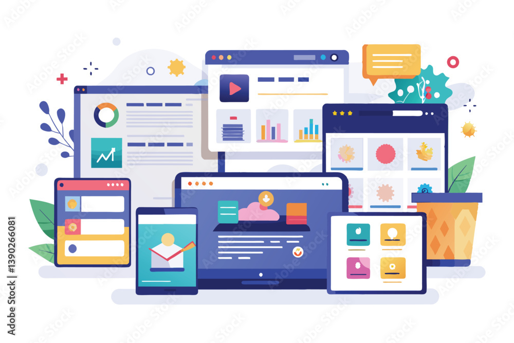 A colorful illustration showcasing a variety of web pages displayed on different devices, including a laptop, smartphone, and tablet. A colorful illustration showcasing a variety of web pages displayed on different devices, including a laptop, smartphone, and tablet.