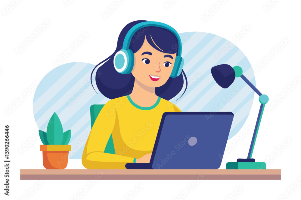 Illustration of a woman wearing headphones and working on a laptop at a desk with a lamp. Illustration of a woman wearing headphones and working on a laptop at a desk with a lamp.