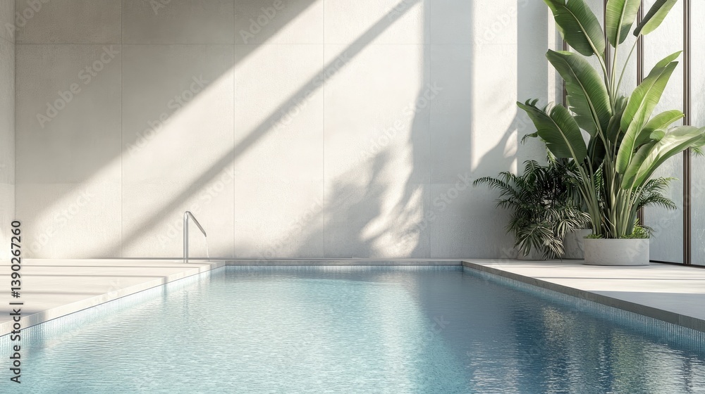 Obraz premium Tranquil Indoor Swimming Pool Surrounded by Lush Green Plants and Sunlight Streaming Through Large Windows