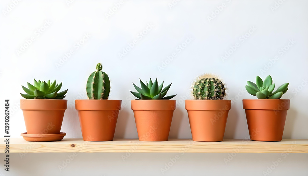 Fototapeta premium Five different succulents and cacti in terracotta pots on a light-colored wooden shelf